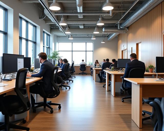A bustling modern corporate office entirely furnished with Kurashiki Mokuzai products.