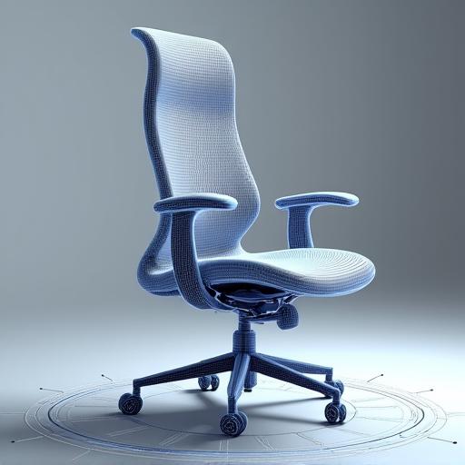 A digital wireframe illustrating the ergonomic curves of a chair.