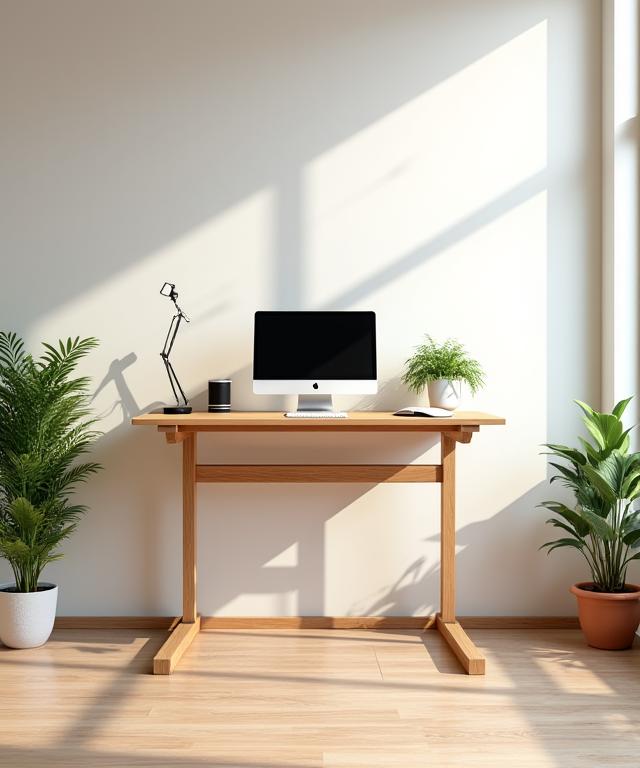 A height-adjustable standing desk in a bright, modern room.