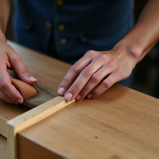 Hands of a craftsman carefully sanding a piece of wooden furniture.